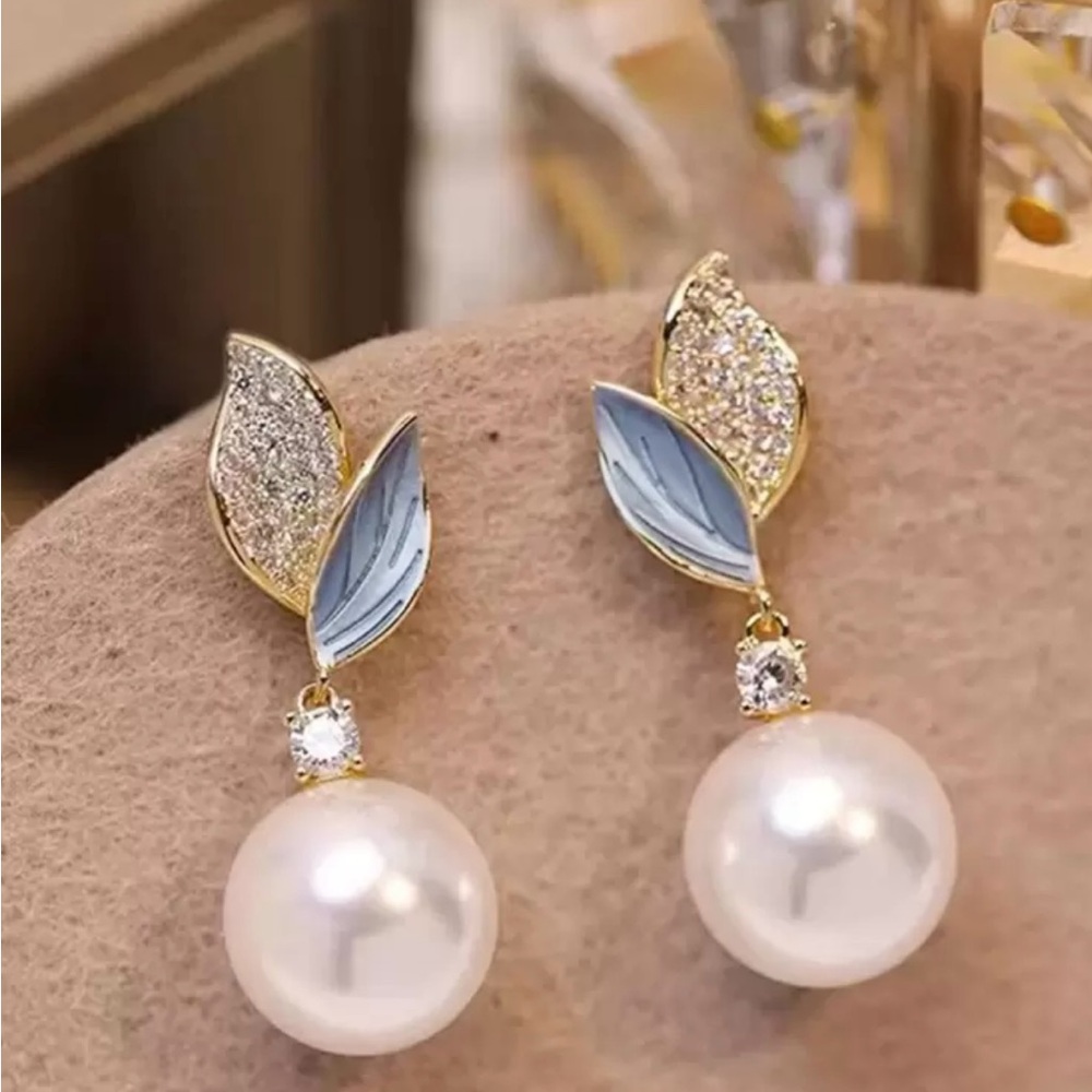 Pearl Drop Leaf Earrings - Gold and Blue